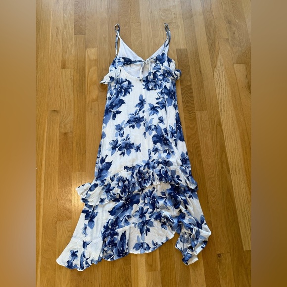 Island Time Blue and White Floral Print Ruffled Midi Dress by LULU's - Picture 11 of 16